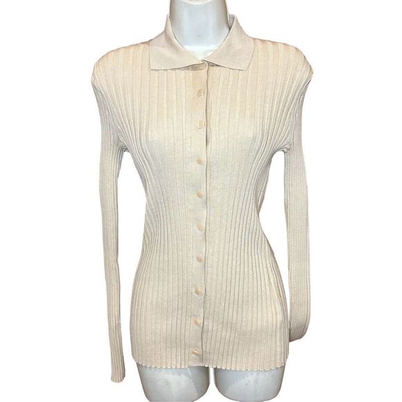 Vince Long Sleeved Ribbed Collar Cardigan in Milk Honey NWT Size Medium - Picture 4 of 8